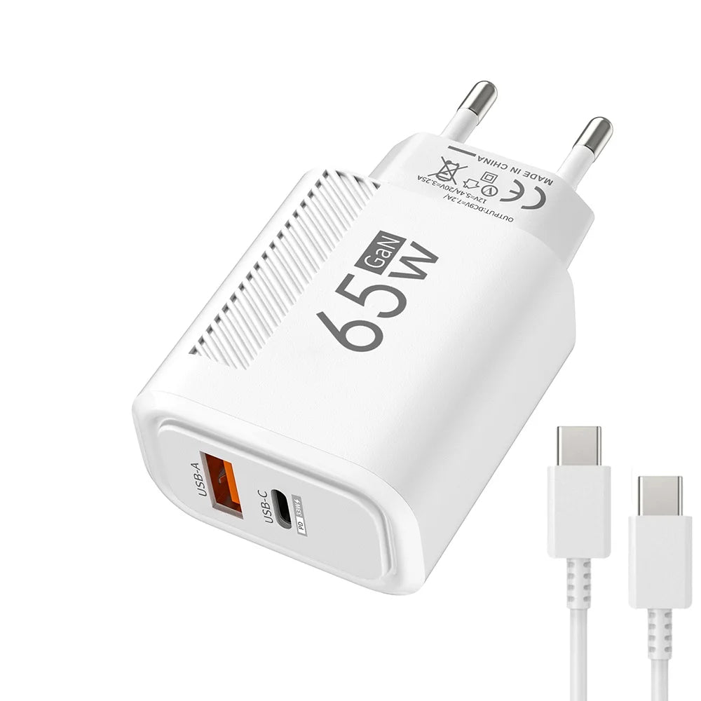 Cargador GaN 65W USB-C PD - Carga Rápida Dual Port EU/US