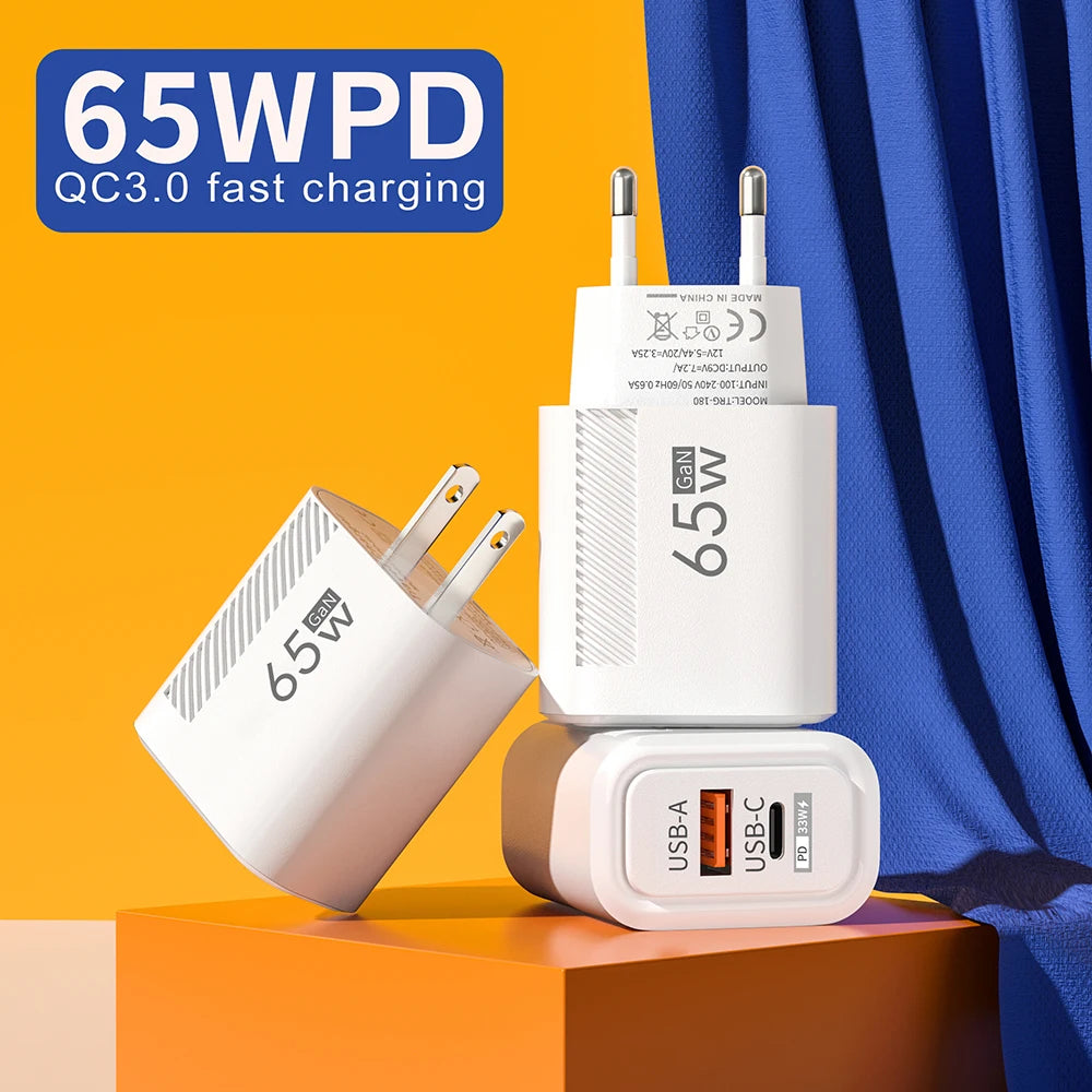 Cargador GaN 65W USB-C PD - Carga Rápida Dual Port EU/US