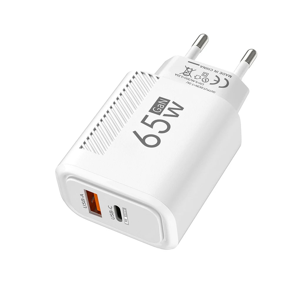 Cargador GaN 65W USB-C PD - Carga Rápida Dual Port EU/US
