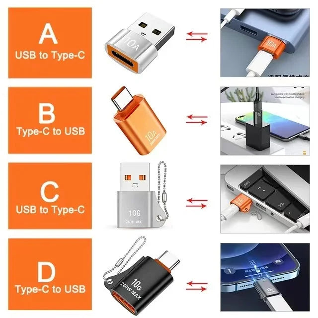 Adaptador USB a Type-C OTG 10A - Carga Rápida y Transferencia de Datos