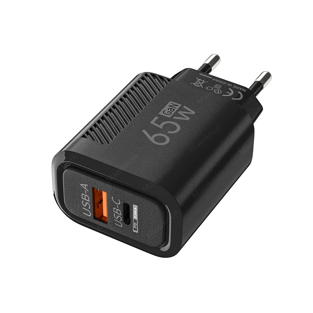 Cargador GaN 65W USB-C PD - Carga Rápida Dual Port EU/US
