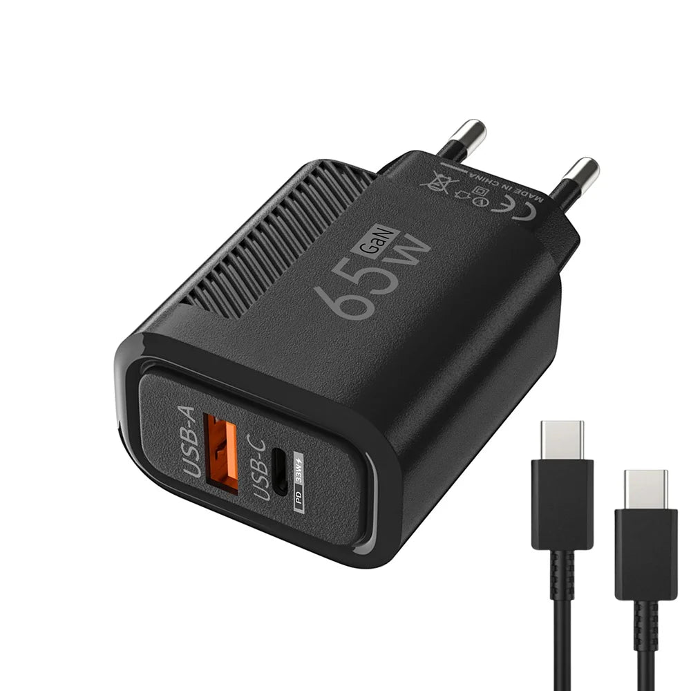Cargador GaN 65W USB-C PD - Carga Rápida Dual Port EU/US