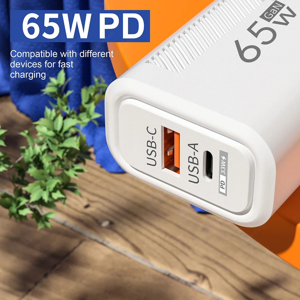 Cargador GaN 65W USB-C PD - Carga Rápida Dual Port EU/US